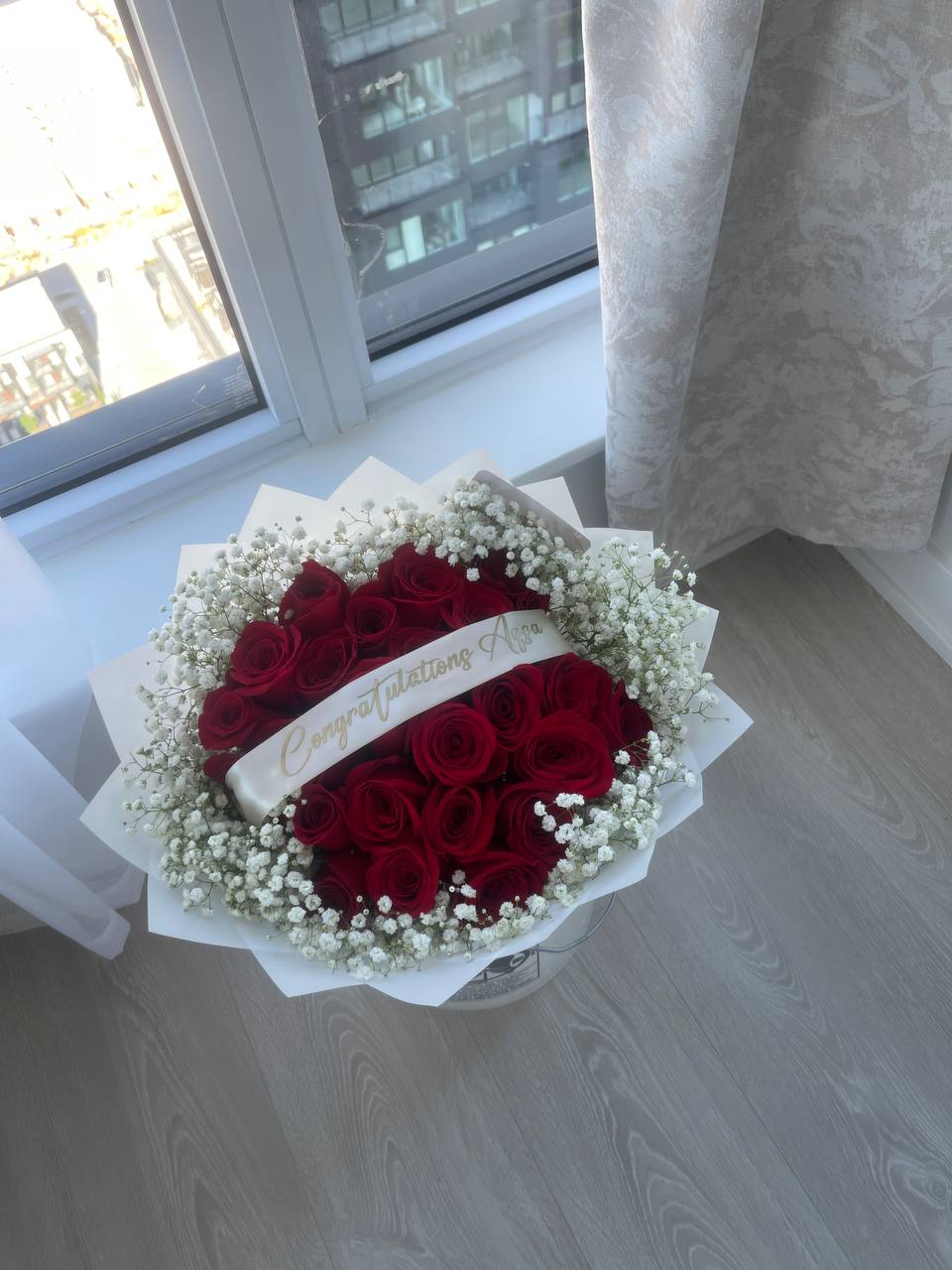 Red Rose & Baby’s Breath Graduation Bouquet with Personalized Ribbon